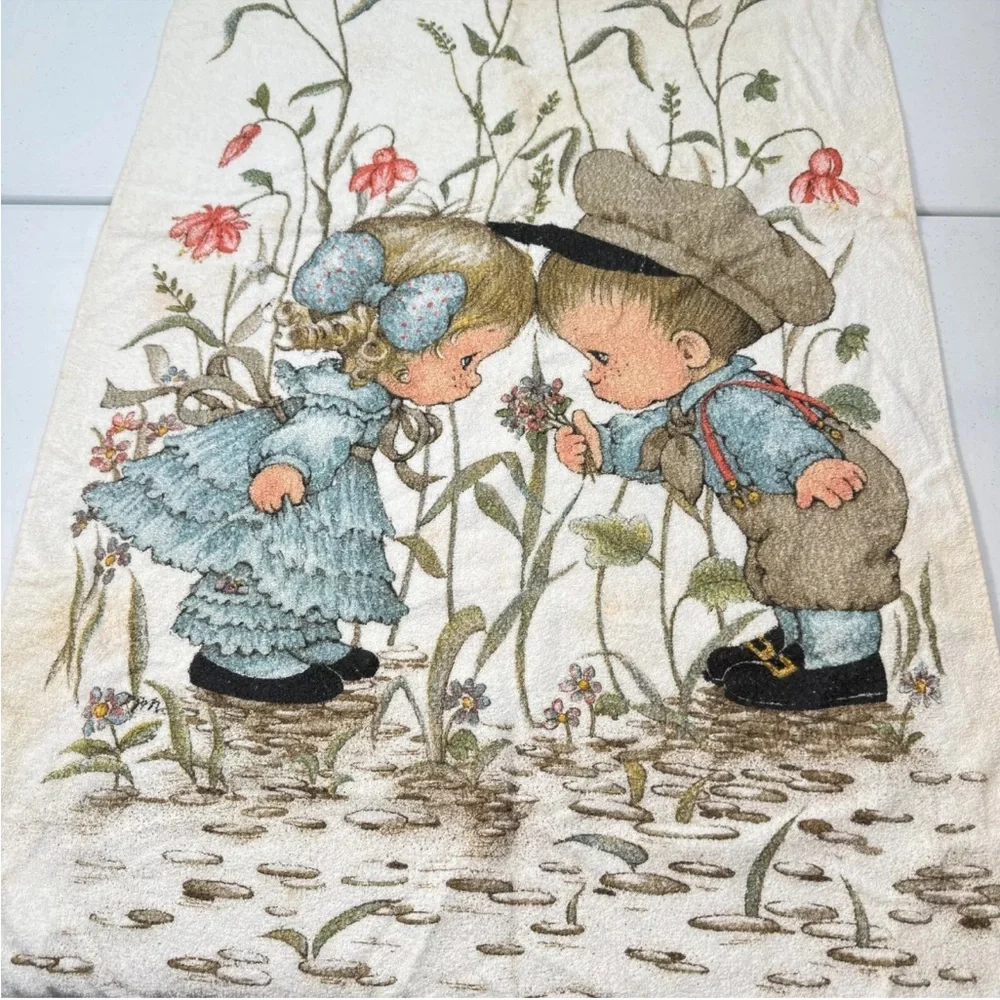 vintage kel tex bath towel 100% cotton blue holly hobbie flowers